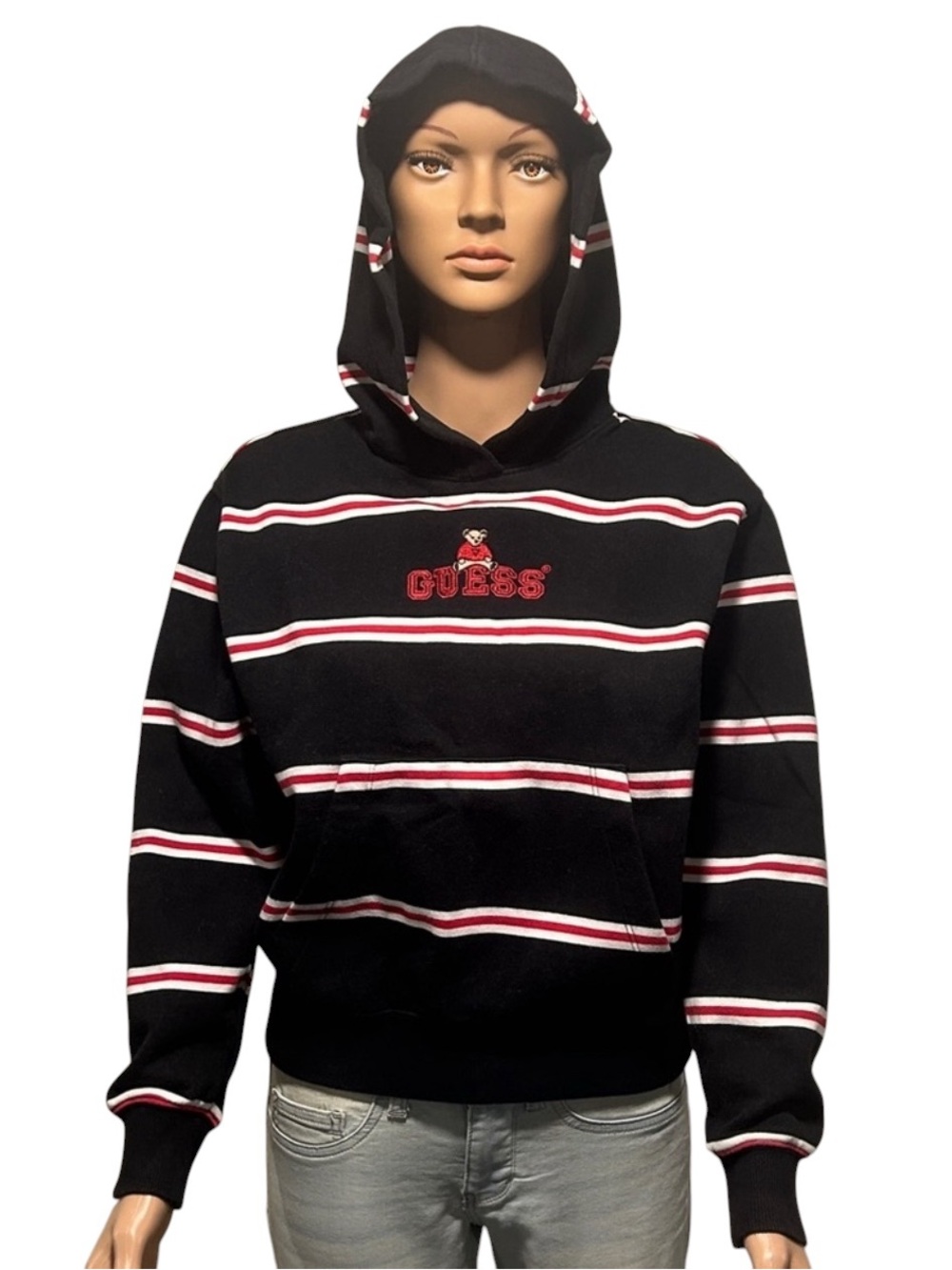 GUESS Black Hoodie with Red and White Stripes